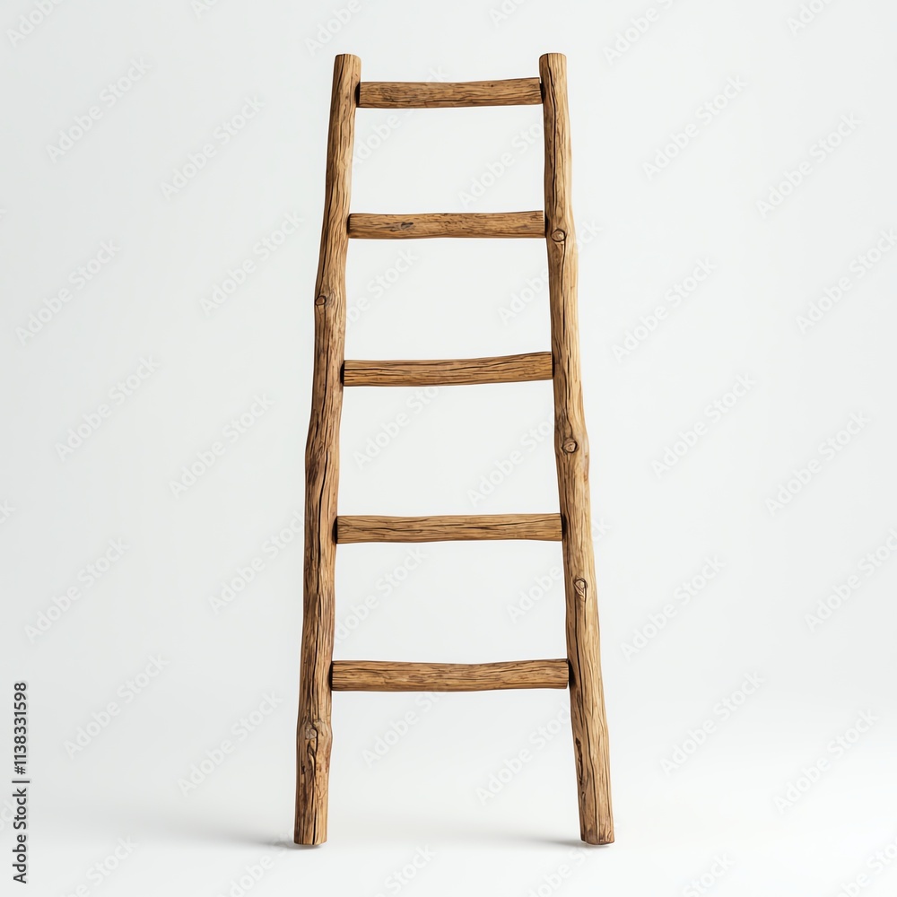 A rustic wooden ladder stands upright against a plain background, showcasing its natural texture and simple design. A rustic wooden ladder stands upright against a plain background, showcasing its natural texture and simple design.