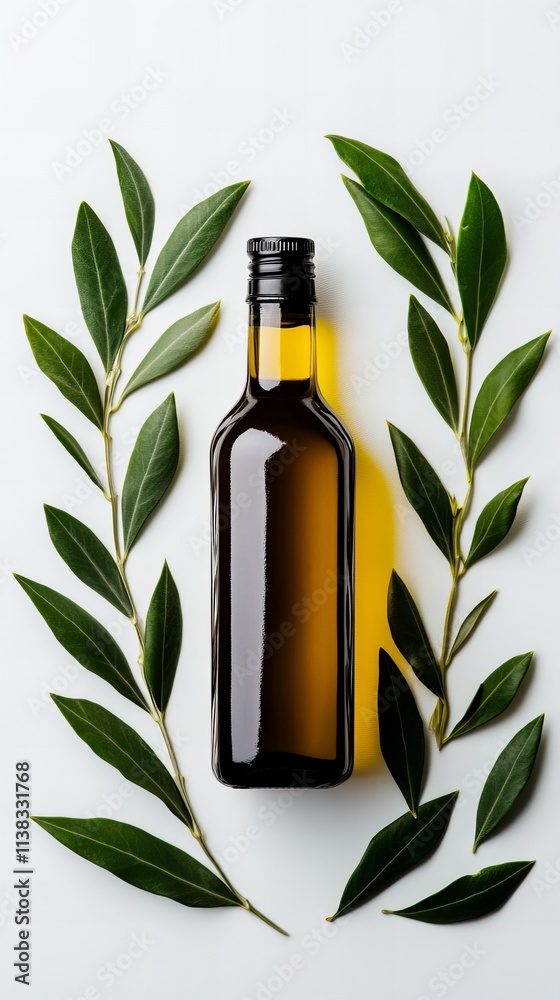 A sleek bottle of olive oil surrounded by fresh green leaves, showcasing elegance and natural beauty. A sleek bottle of olive oil surrounded by fresh green leaves, showcasing elegance and natural beauty.