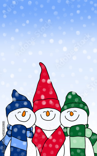 A company of cute snowmen in colorful hats. A Christmas card. A hand-drawn drawing.