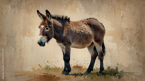 Watercolor drawing of a donkey in vintage style