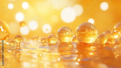 Abstract background of oil drops floating in water macro shot forming a yellow pattern