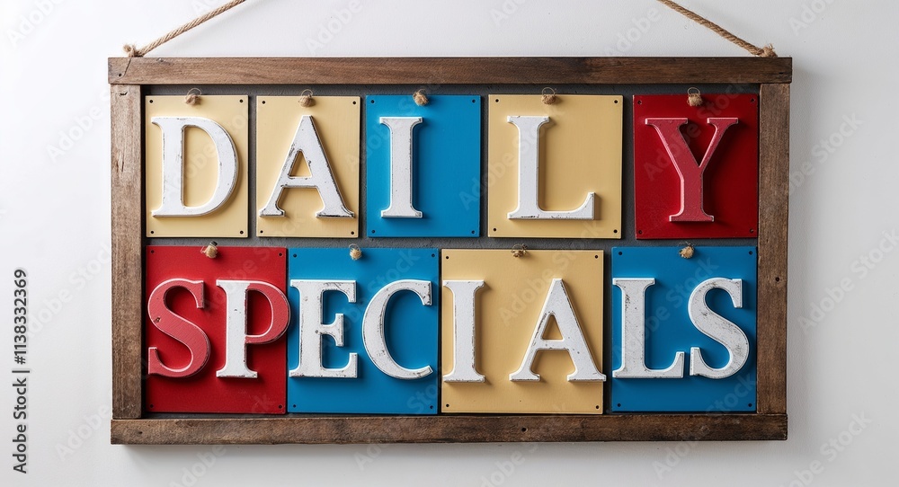 daily specials lettering on hanging sign board on plain white background daily specials lettering on hanging sign board on plain white background