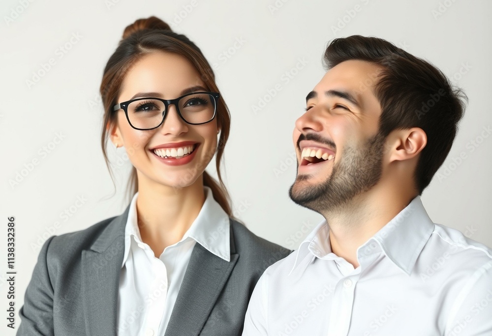 Portrait of a smiling woman and laughing man in formal attire Portrait of a smiling woman and laughing man in formal attire