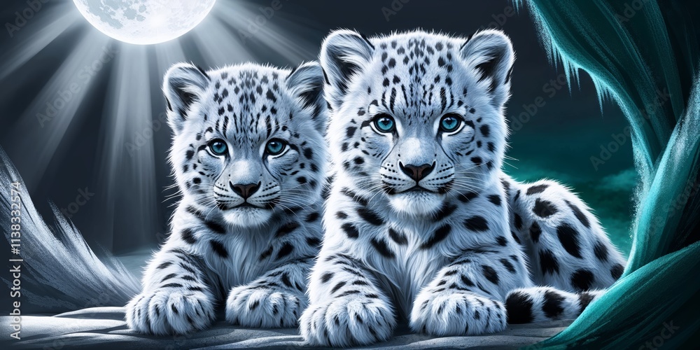 Fototapeta premium Two Snow Leopard Cubs at Night under Moonlit Sky