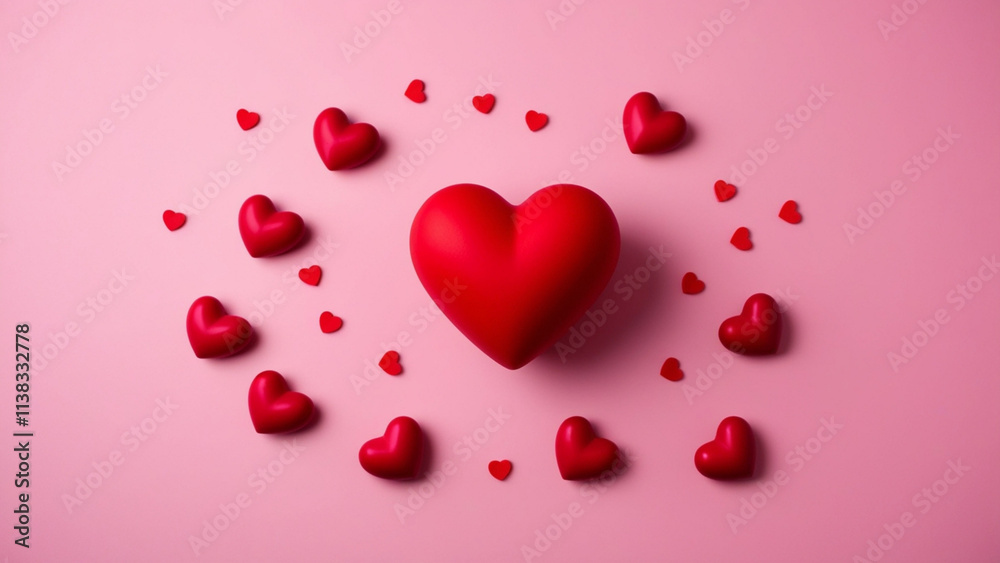 3d pink hearts on a white background.  many red & pink hearts. Greeting banner for love day with cute red bubble 3d effect levitation hearts. Valentine's Day concept.