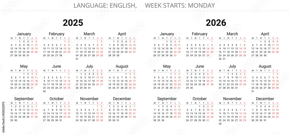2024 and 2025 year english vector calendars 12 months. Week starts monday