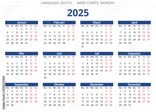 2025 year dutch calendar. Vector illustration in colors of flag of Netherlands. 12 months