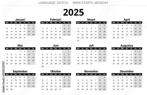 2025 year dutch calendar. Vector illustration in dark colors. 12 months kalender Netherlands