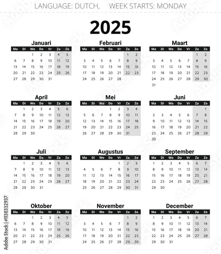 2025 year dutch calendar. Vector illustration in dark colors. 12 months kalender Netherlands