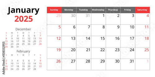 2025 january calendar. A vector English monthly. Winter month