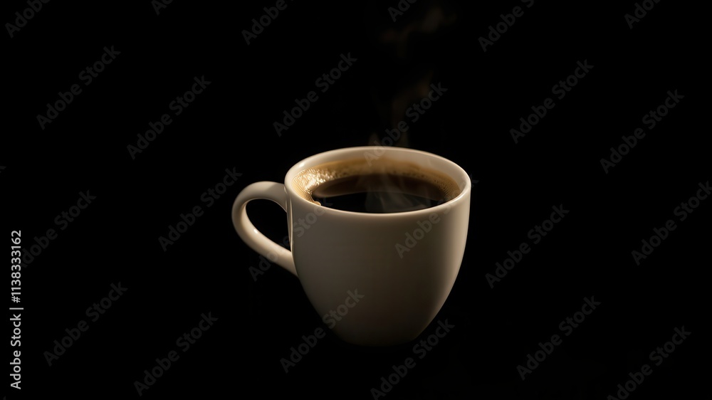 A steaming cup of coffee on a black background, the warmth of the beverage radiating in the dark. A steaming cup of coffee on a black background, the warmth of the beverage radiating in the dark.
