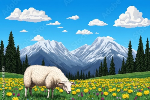 A pixel art scene of a rural farm with a ewe grazing in a vibrant meadow, surrounded by animated pixelated clouds and trees photo