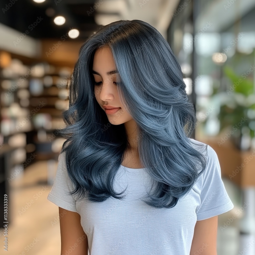 Fototapeta premium A woman with long blue hair is sitting in front of a bookcase