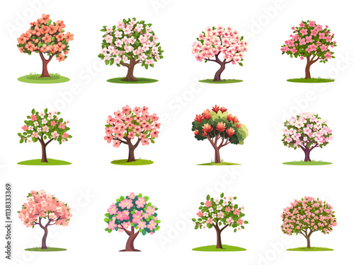 Blooming flower tree set. Purple and pink flowers and foliage. Short nature plants. Eco botanical garden paradise green environment spring time. Cartoon style vector illustration