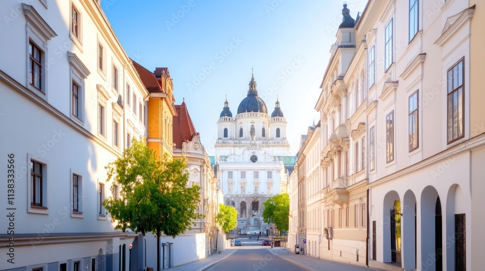 Obraz premium Scenic street view leading to a grand architectural building.