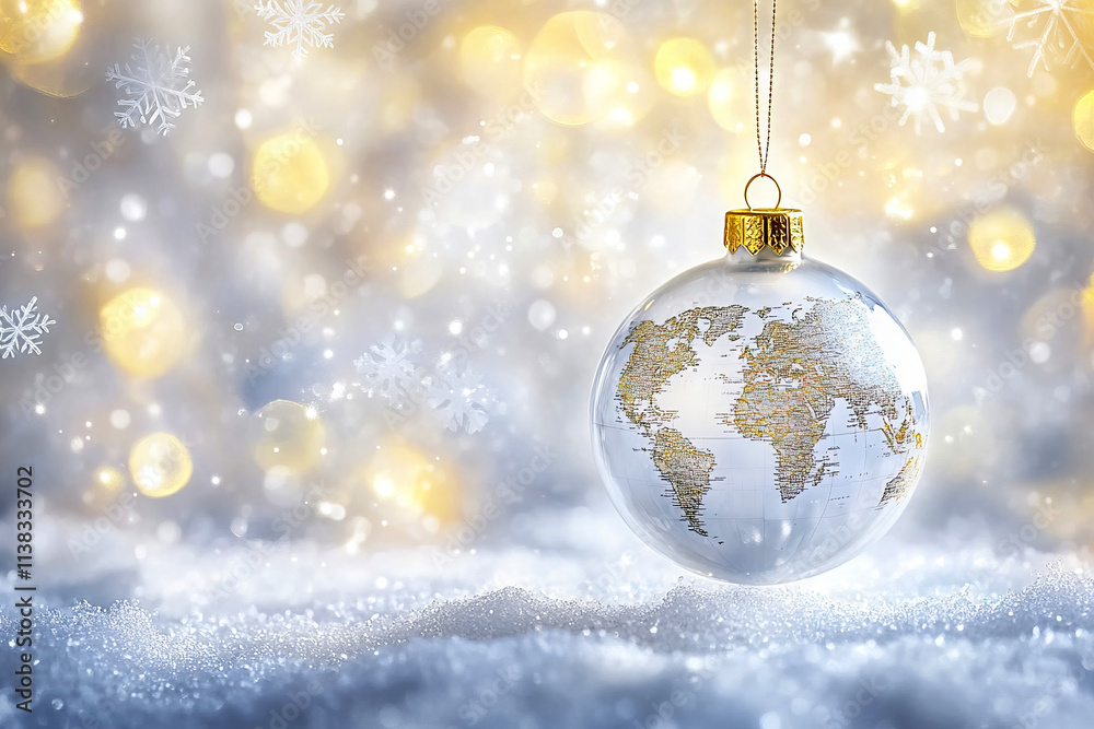 White Christmas ornament with a world map hanging on a golden ribbon against a background White Christmas ornament with a world map hanging on a golden ribbon against a background