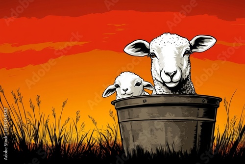 A retro-style poster of a farm featuring a ewe and her lamb, with bold vintage typography and muted tones reminiscent of early agricultural advertisements photo