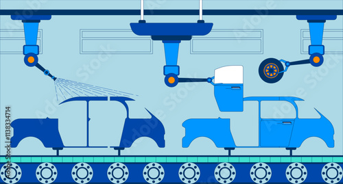 Automotive manufacturing line flat illustration. Revolutionized carmaker. Production line at car factory 2D interior cartoon background. Robotic arms assembling vehicles conveyor scene vector image