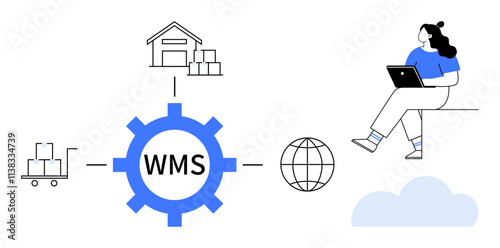 Gear labeled WMS links to warehouse, cart of boxes, globe, and person working remotely on laptop. Ideal for logistics, supply chain optimization, remote work, cloud computing, inventory control
