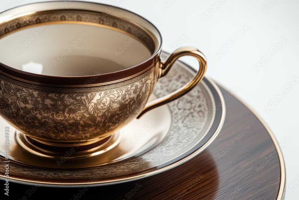 Elegant gold-rimmed teacup and saucer set, adorned with intricate floral patterns, rests on a dark wooden surface. Elegant gold-rimmed teacup and saucer set, adorned with intricate floral patterns, rests on a dark wooden surface.