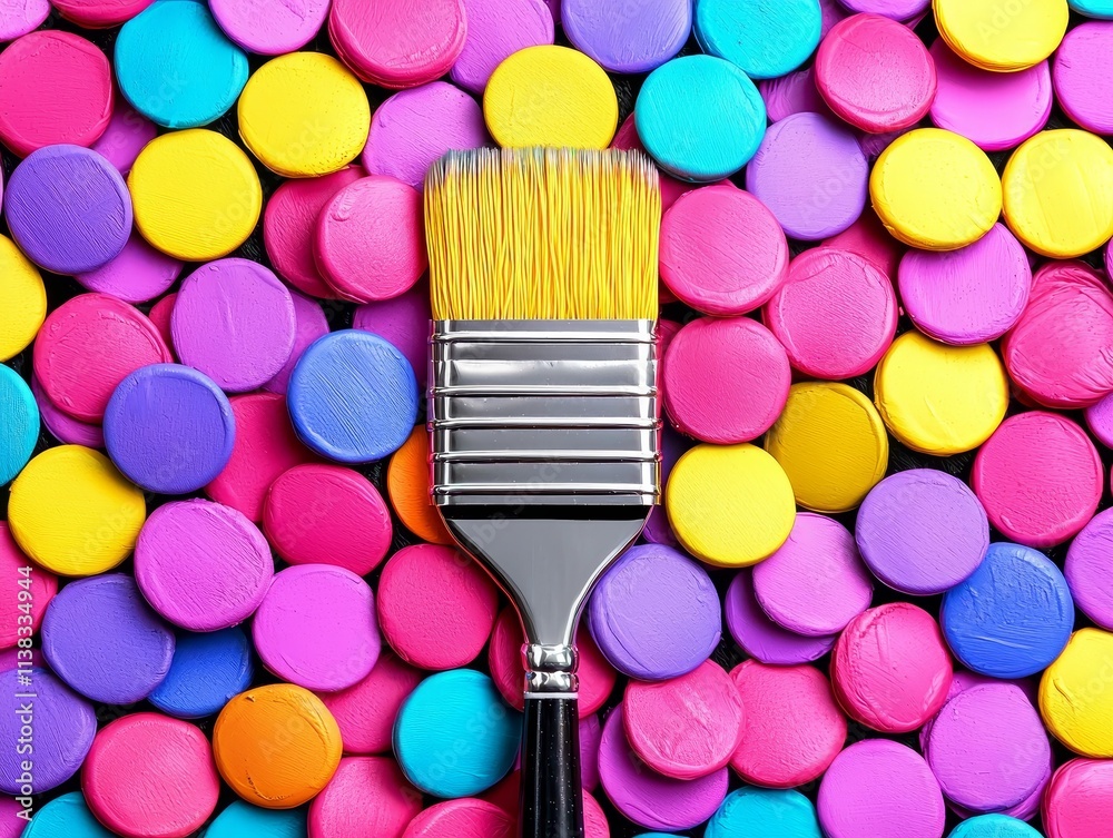 Naklejka premium Colorful Paintbrush on Vibrant Dots Art Supplies