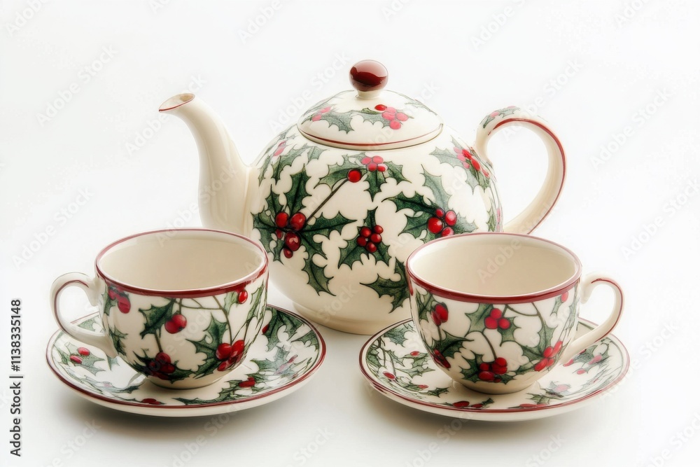 Christmas tea set on white background, red and green holly patterns, high resolution Christmas tea set on white background, red and green holly patterns, high resolution