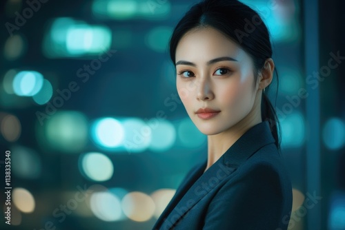 Wallpaper Mural Confident young businesswoman looking directly at the camera against a blurred city night background. Torontodigital.ca