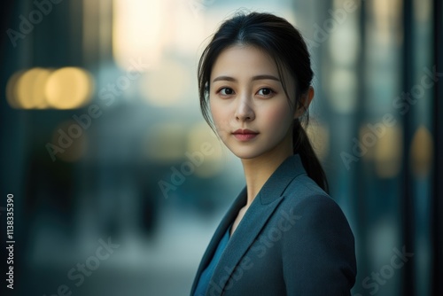 Portrait of a young Asian businesswoman, confidently posing outdoors with a blurred city backdrop.