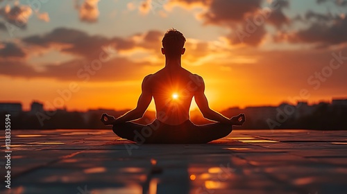 Man Meditates Silhouetted Against Sunset Sky