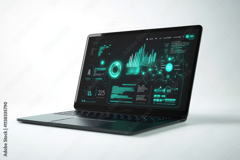A laptop displays a futuristic user interface with graphs, charts, and data visualizations. A laptop displays a futuristic user interface with graphs, charts, and data visualizations.