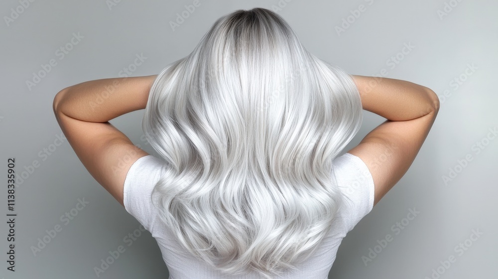 Naklejka premium A platinum balayage hairstyle with soft transitions into silver tones.