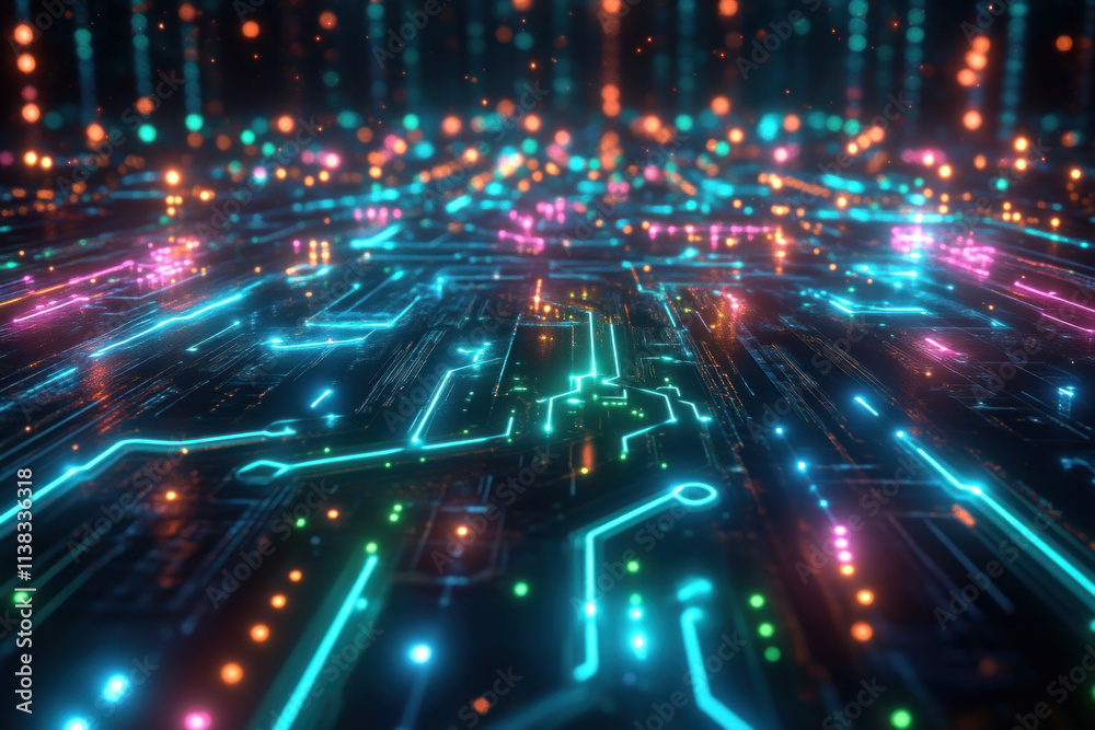 Obraz premium Futuristic circuit board with glowing neon lights.