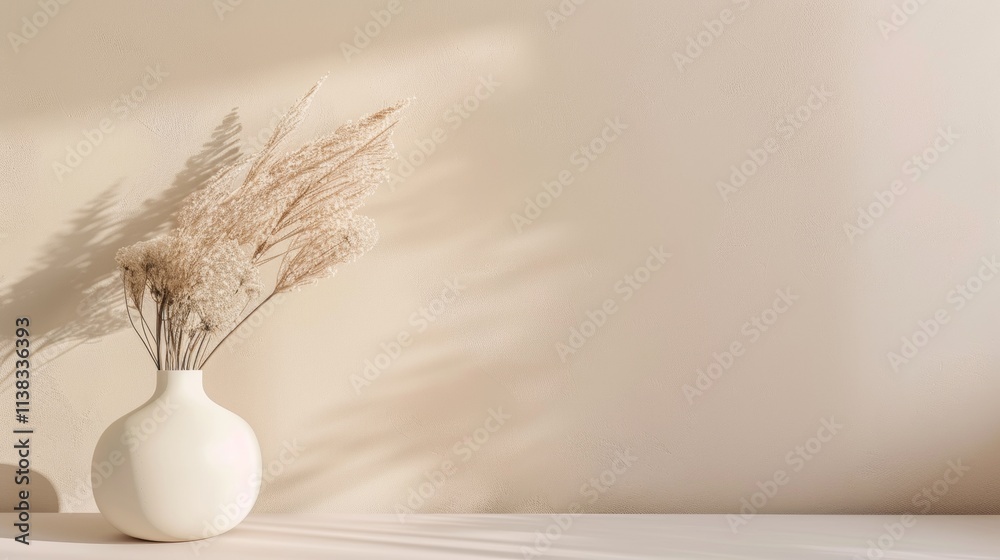 Minimalist ceramic vase with dried pampas grass on a white surface Minimalist ceramic vase with dried pampas grass on a white surface