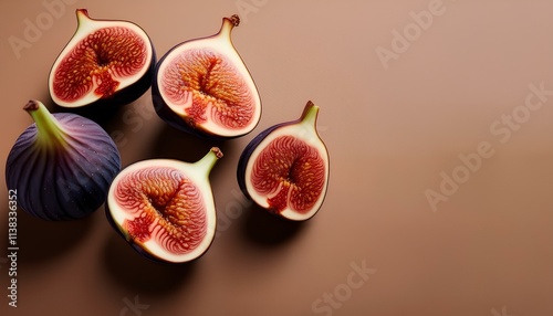 fresh figs on the table. figs or ficus caricaini. Sliced figs arranged on a pastel background with copy space. healthy lifestyle. photo