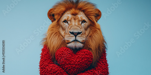 A lion wears a cozy red outfit shaped like a heart to celebrate Valentine's Day with love copy space photo