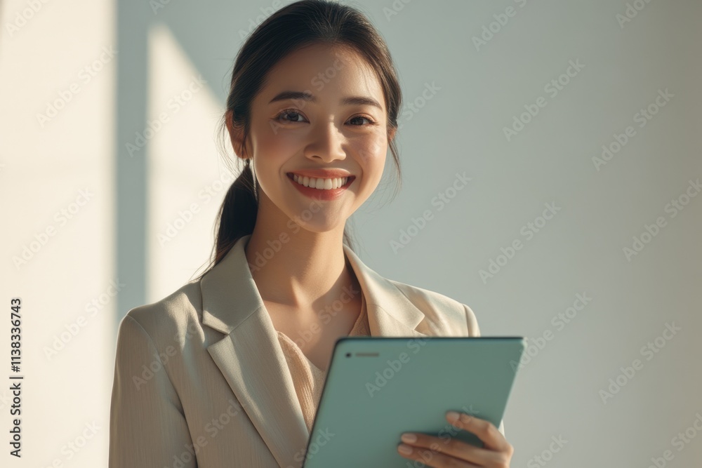 Smiling young Asian businesswoman holding a tablet, showcasing confidence and success in her professional career. Smiling young Asian businesswoman holding a tablet, showcasing confidence and success in her professional career.