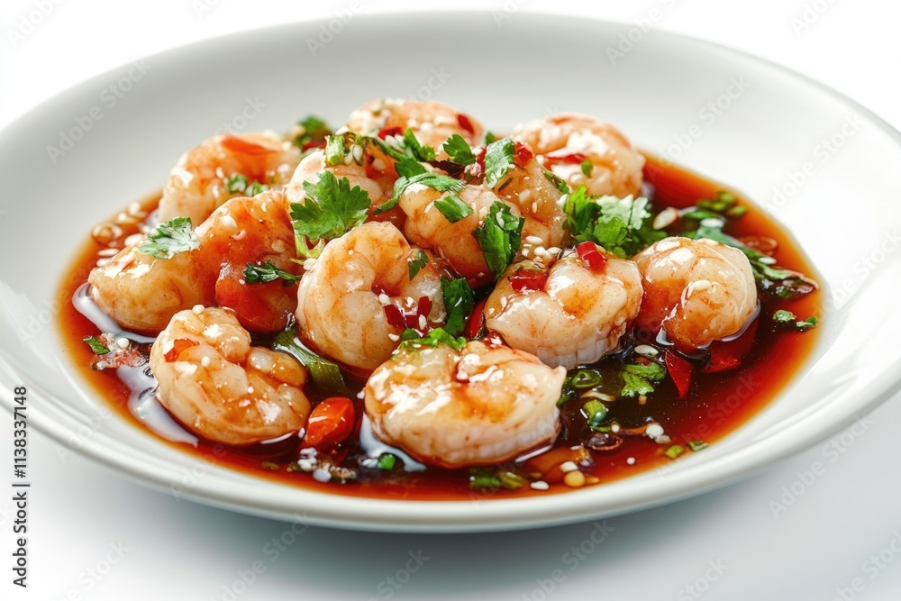 Succulent shrimp in a savory, sweet and spicy sauce, garnished with fresh cilantro. Succulent shrimp in a savory, sweet and spicy sauce, garnished with fresh cilantro.