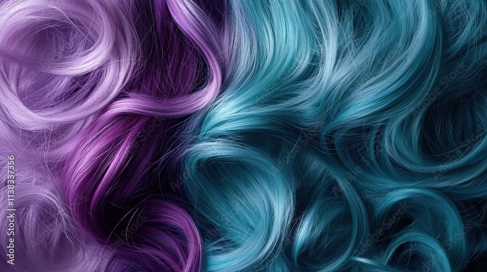 A mermaid-inspired hairstyle with teal, purple, and blue tones cascading in waves. A mermaid-inspired hairstyle with teal, purple, and blue tones cascading in waves.