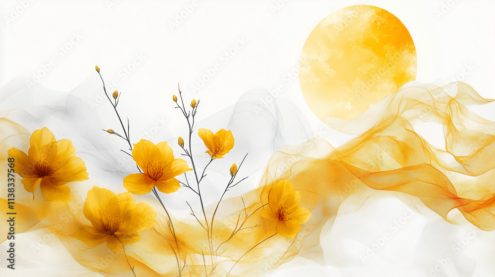 Fototapeta premium Bright yellow flowers and soft textures celebrate the spirit of Easter in a unique design copy space