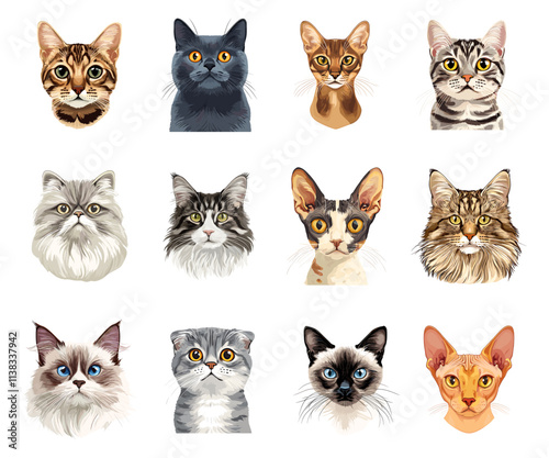 Cat portraits set. Front view face head only. Variouse breed of domestic feline animals. Pet shop logo dry pet food products stickers website banner design element. Cartoon style isolated vector