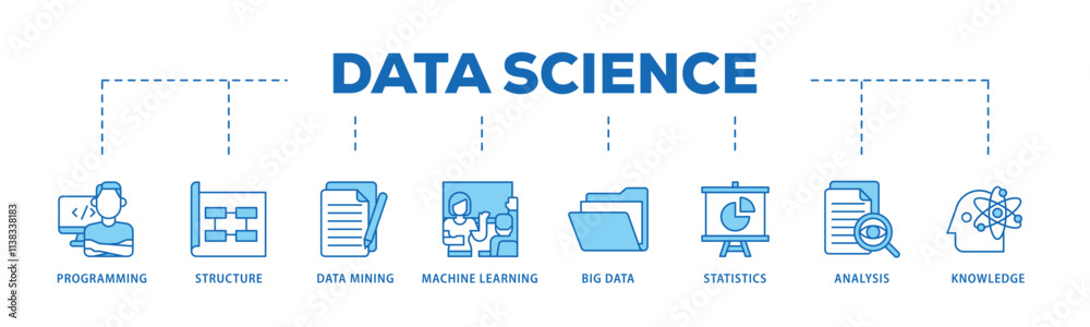 Data science infographic icon flow process which consists of data, classification, analyze, statistics, solving, decision and knowledge icon live stroke and easy to edit . Data science infographic icon flow process which consists of data, classification, analyze, statistics, solving, decision and knowledge icon live stroke and easy to edit .