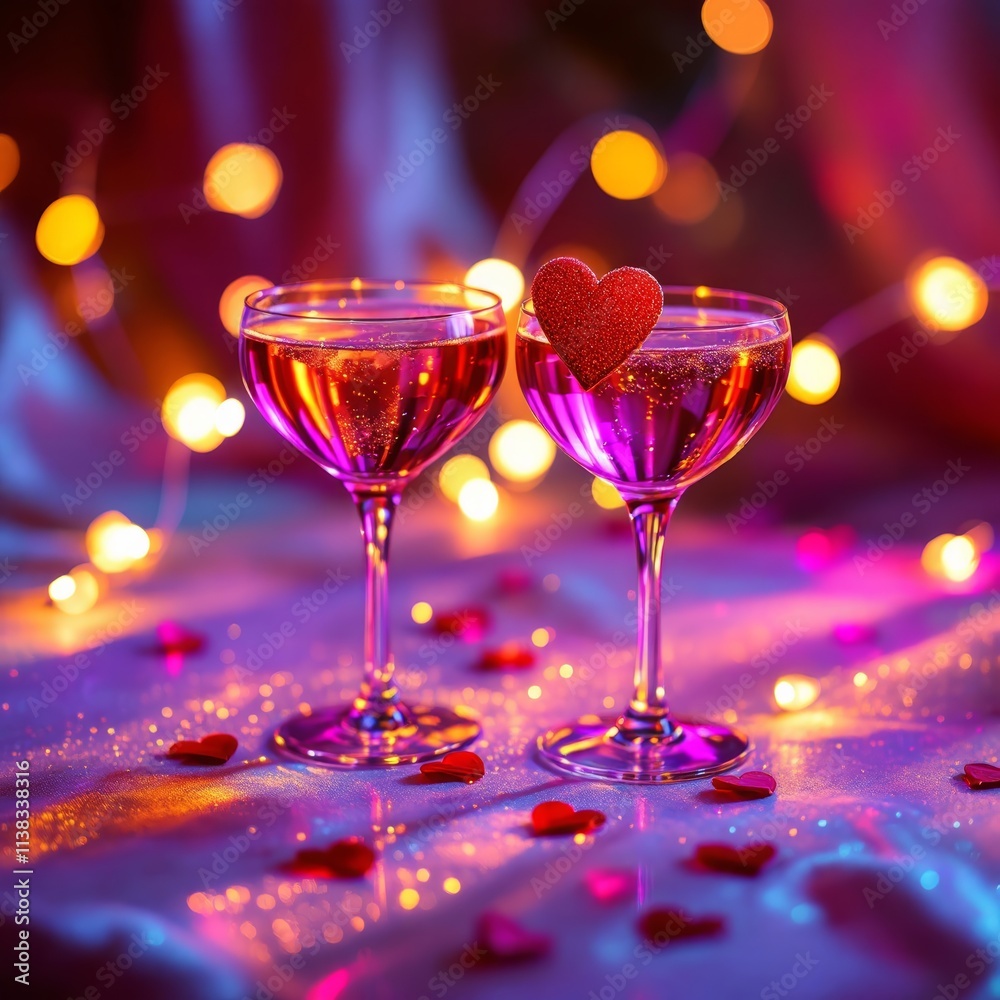 Romantic Valentines Day Champagne Glasses with Heart Decoration and Lights Romantic Valentines Day Champagne Glasses with Heart Decoration and Lights