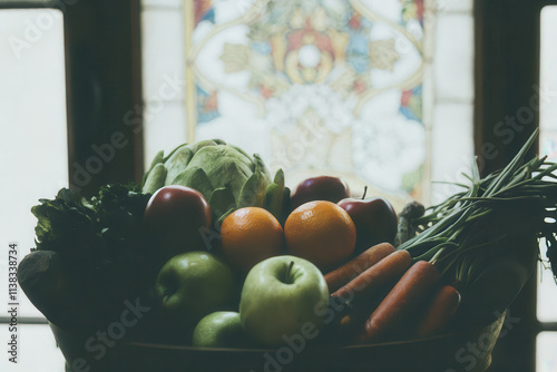 Rustic Still Life with Fresh Vegetables and Fruits in Natural Light