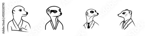 A meerkat in a business suit and tie, depicted in a funny anthropomorphic business portrait, created as a sketch engraving using generative AI raster illustration. Scratch board imitation. Black and