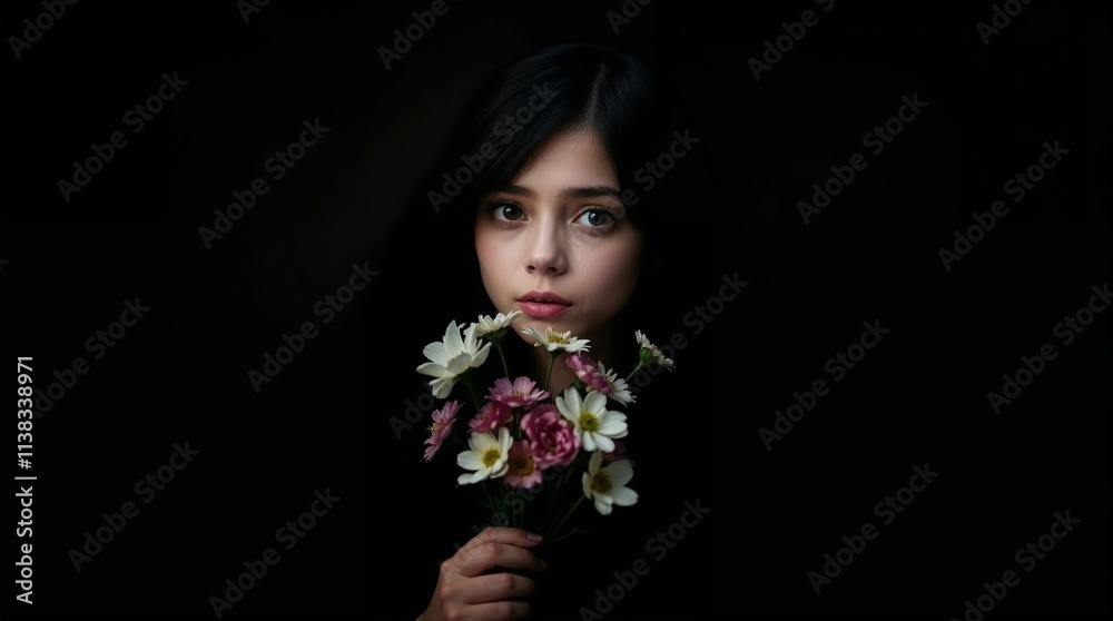 Dramatic portrait of a young woman holding white and pink flowers.