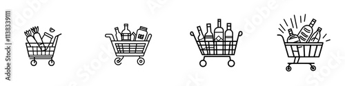 A detailed sketch engraving of a shopping cart brimming with groceries, featuring fruits, beverages, and packaged goods, created using generative AI in PNG format. The illustration mimics scratch