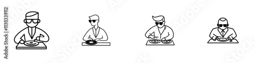 A vintage DJ, skillfully blending tunes on a turntable, embodies classic elegance intertwined with contemporary music culture in a sketch engraving created by generative AI, featuring a fictional