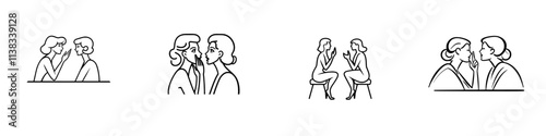 A sketch engraving of pin-up girls, one whispering a secret into the other's ear, featuring expressive faces, created with generative AI as a fictional character PNG illustration. The image imitates