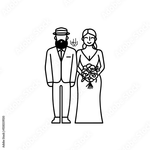 A retro-styled bride and groom in classic wedding attire, featuring rockabilly charm, in a sketch engraving created by generative AI, depicting a fictional character in a PNG illustration. Scratch