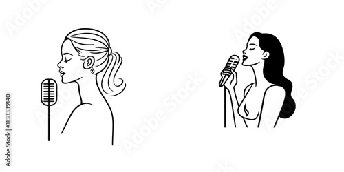 A sketch of a woman in a form-fitting evening dress, depicted as a singer with a microphone, created in a classic style through generative AI, resembling a scratchboard engraving. Black and white PNG